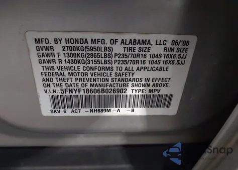 2006 Honda Pilot Ex-L from USA, damaged, VIN 5FNYF18606B026902